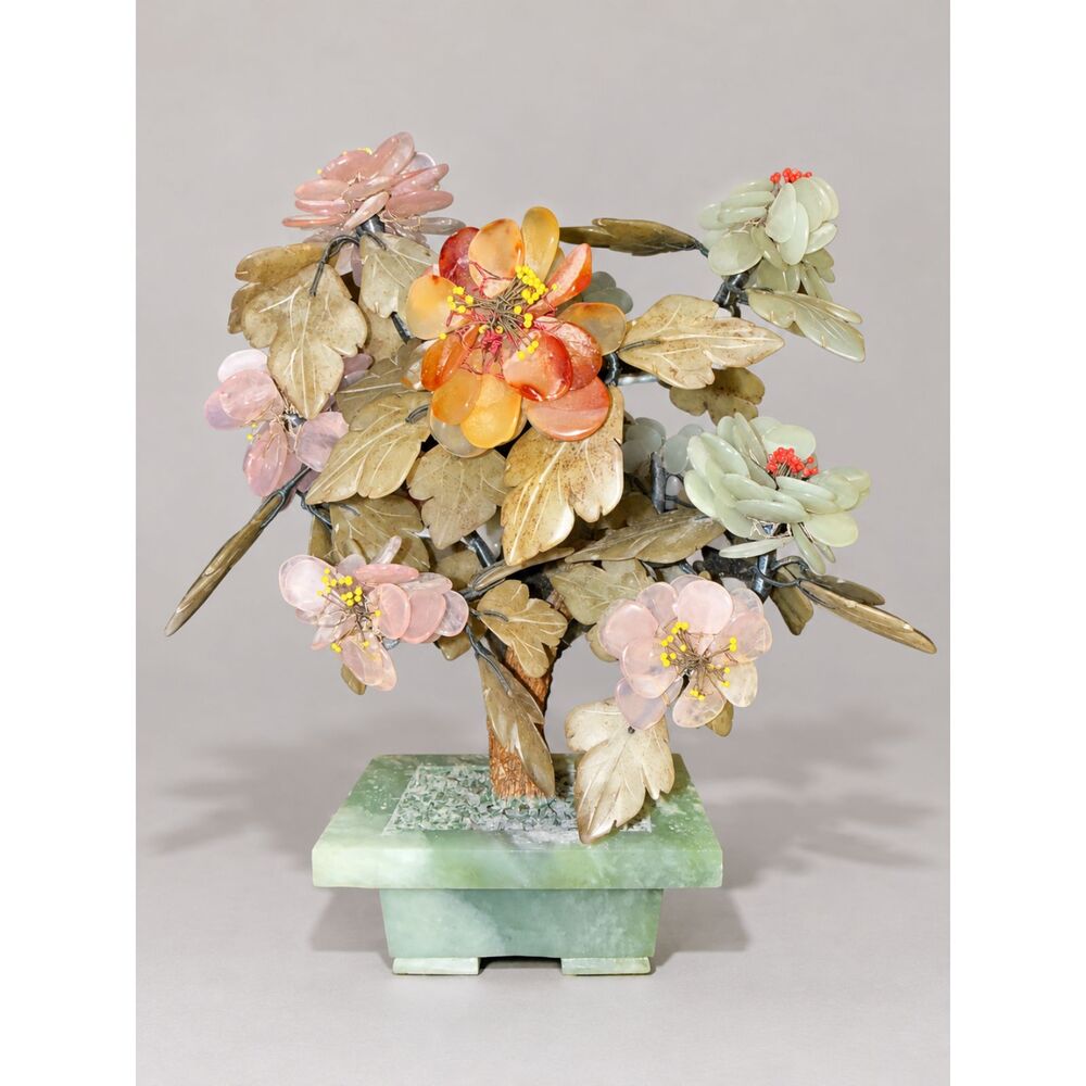 Vintage Carved Stone Floral Bonsai Tree Amber Pink Mint Flowers Green Planter